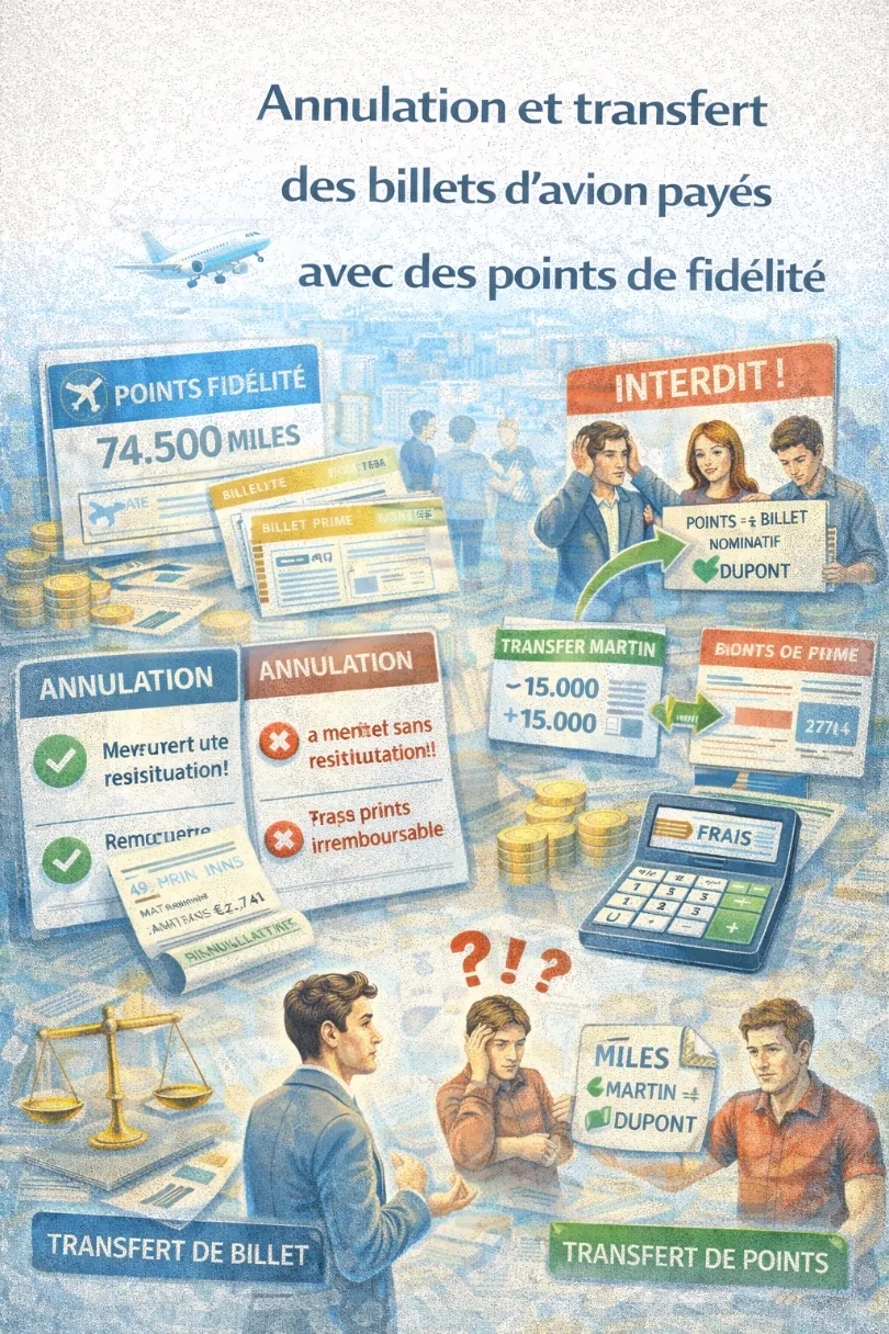Illustration montrant des points de fidélité et des billets d'avion avec des icônes d'annulation et de transfert