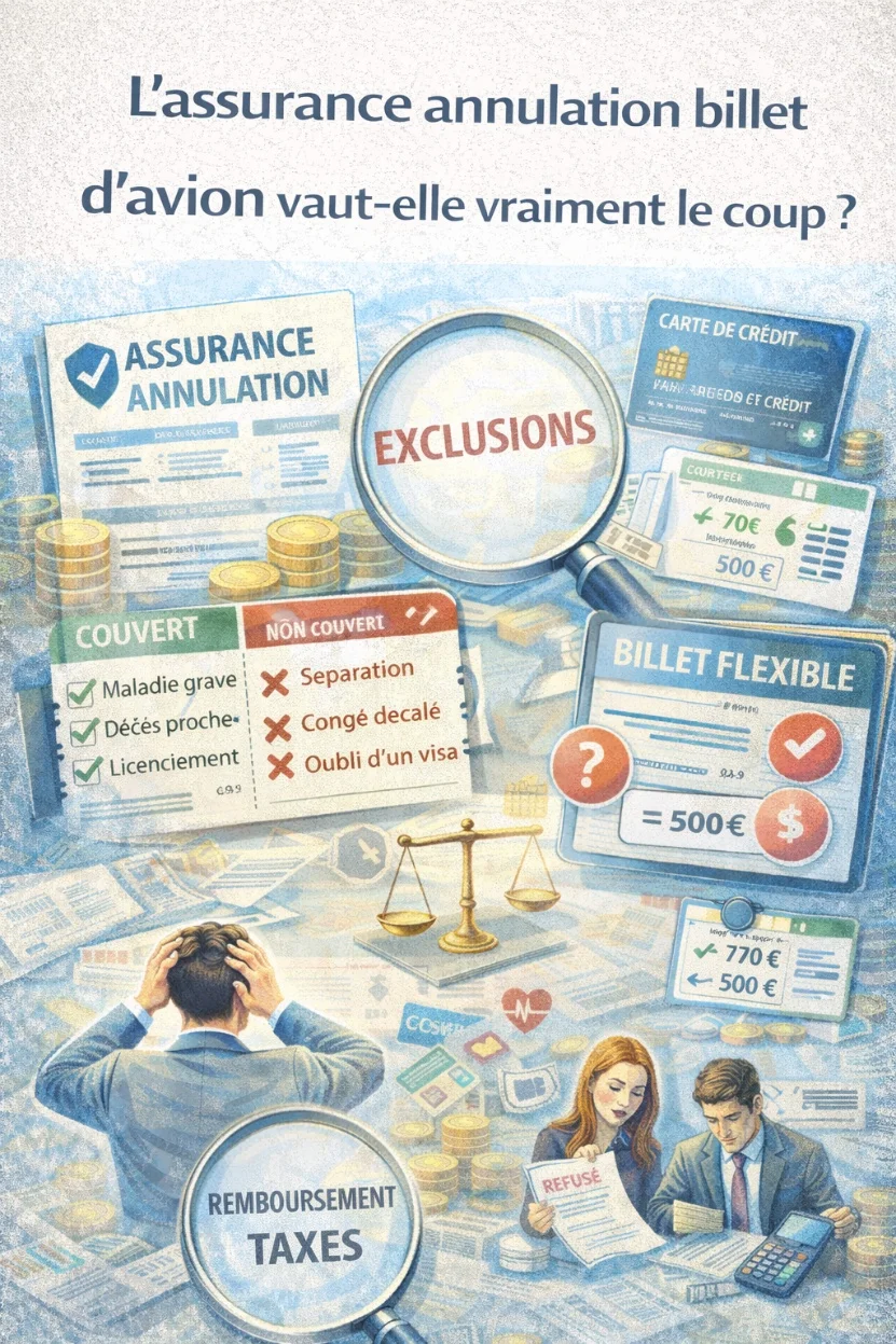 Illustration showing flight ticket cancellation insurance coverage and exclusions with shield icon
