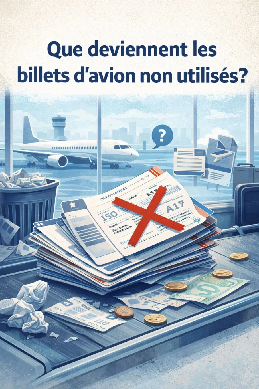 Illustration montrant des sièges d'avion abandonnés avec des tickets flottant dans les airs
