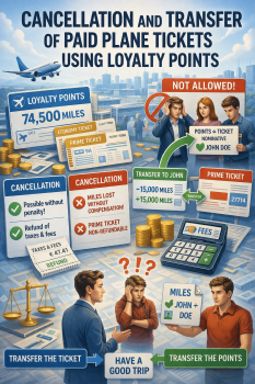 Illustration showing loyalty points and airplane tickets with cancellation and transfer icons