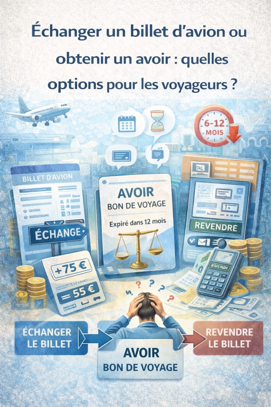 Illustration montrant les options d'échange de billets d'avion avec des icônes de bon et de calendrier