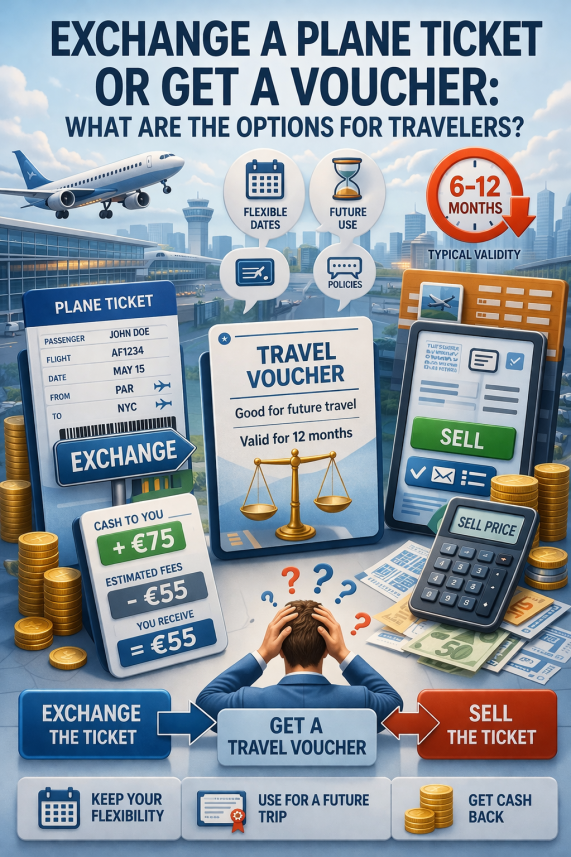 Illustration showing flight ticket exchange options with voucher and calendar icons