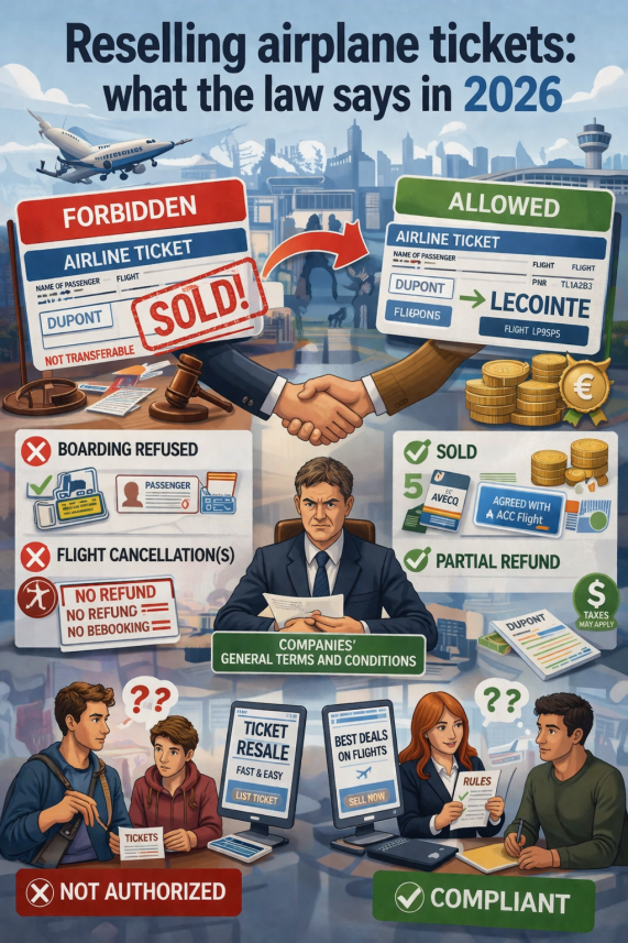 Legal scales with airplane icon representing flight ticket resale regulations in 2026