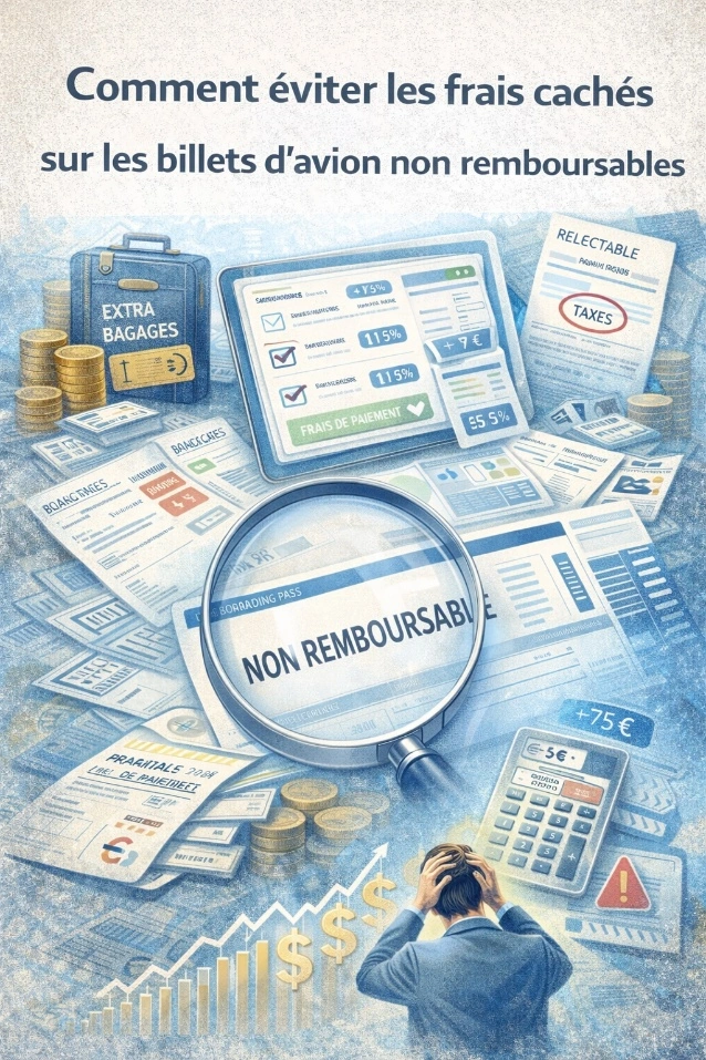 Illustration montrant les frais cachés sur les billets d'avion avec des icônes bagages, sélection de siège et taxes