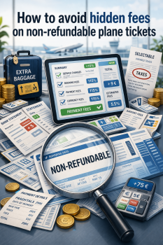 Illustration showing hidden fees on flight tickets with baggage, seat selection and taxes icons
