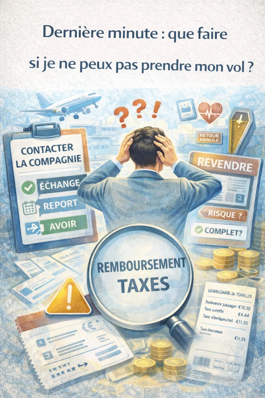 Illustration montrant un voyageur stressé avec des icônes d'horloge et d'avion représentant les problèmes de vol de dernière minute