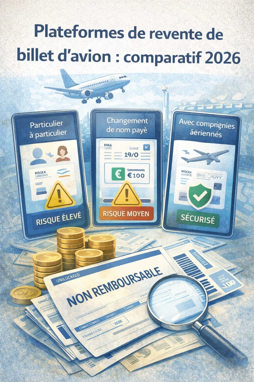 Illustration montrant la comparaison de différentes plateformes de revente de billets d’avion, avec un smartphone et un ordinateur portable.