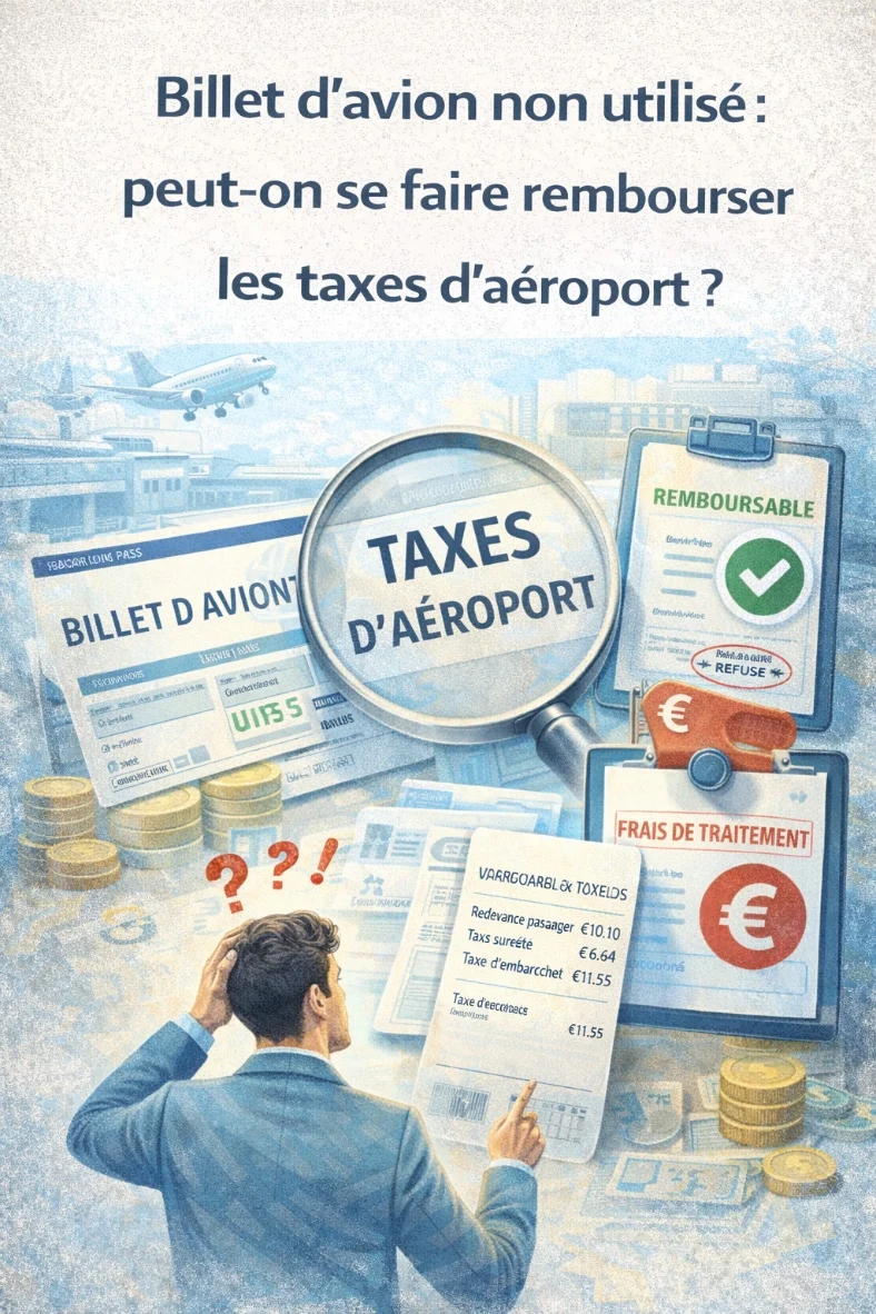 Illustration montrant le processus de remboursement des taxes aéroportuaires avec des pièces et des icônes d'avion