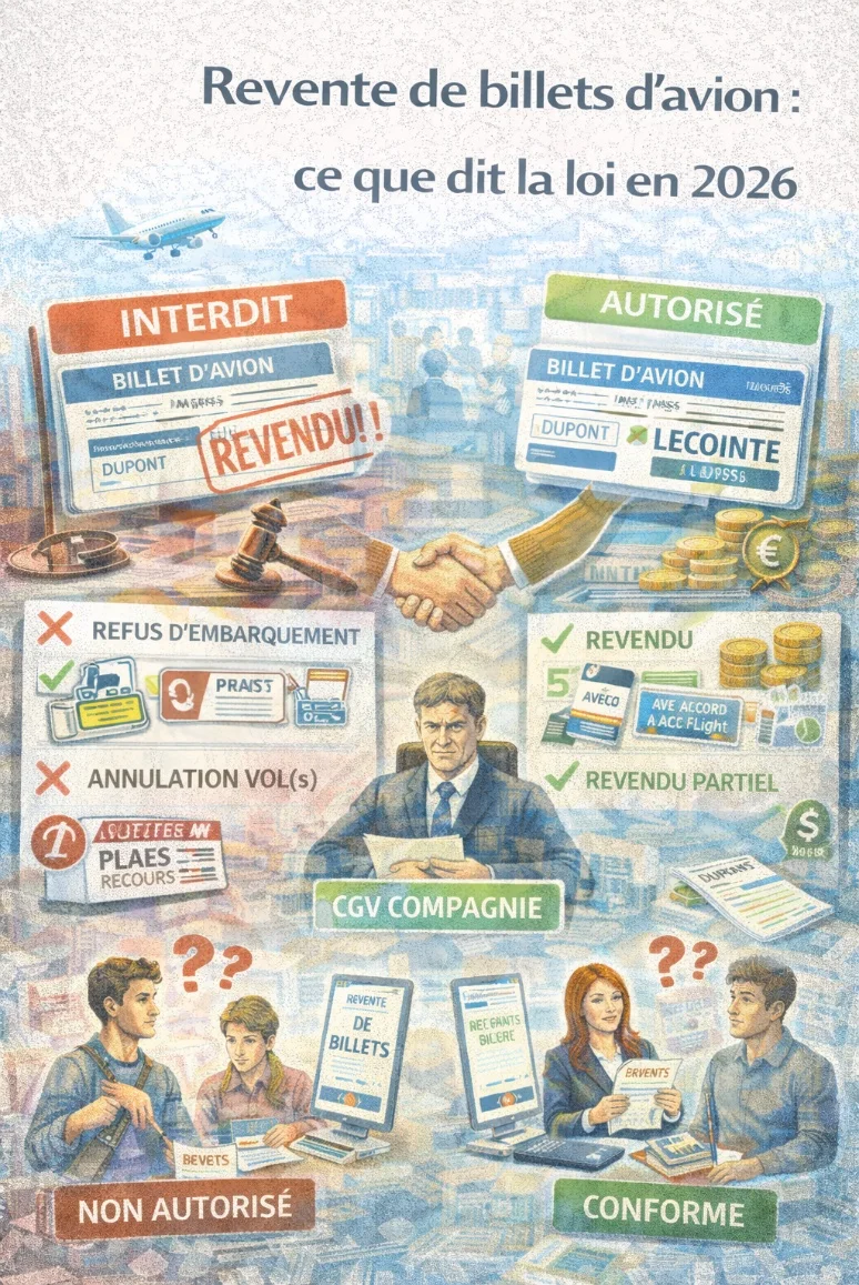 Balance légale avec icône d'avion représentant la réglementation de la revente de billets d'avion en 2026