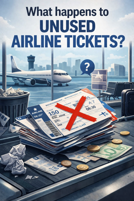 Illustration showing abandoned airplane seats with ticket stubs floating away